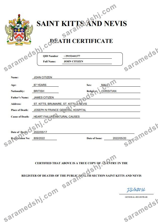 Saint Kitts and Nevis vital record death certificate Word and PDF template